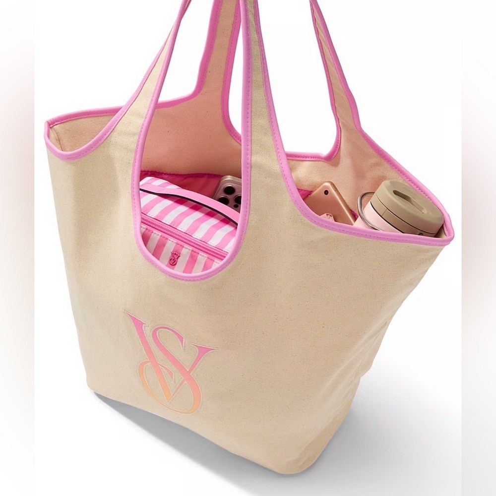 Victoria's Secret Beige Canvas Tote with Pink Trim